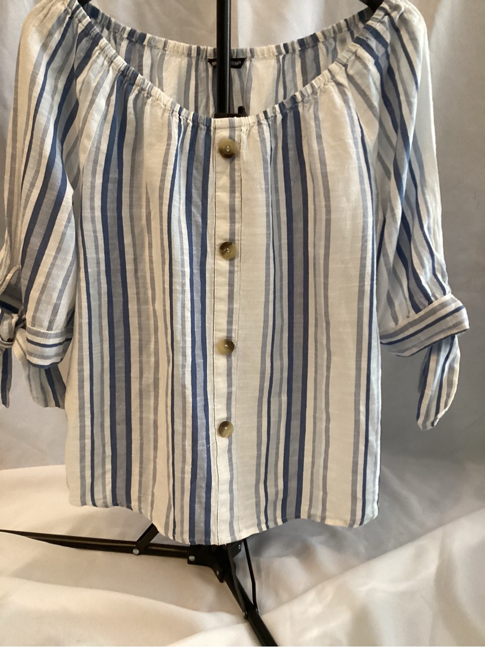 Unique Spectrum Blue & White Striped Off-Shoulder Button Blouse with Sleeve Ties